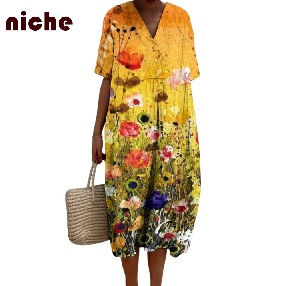 Ladies Loose Long Dress High Quality Cotton And Linen Retro Flower Graphic Printing Large Size Fashion Trend New Beach Skirt