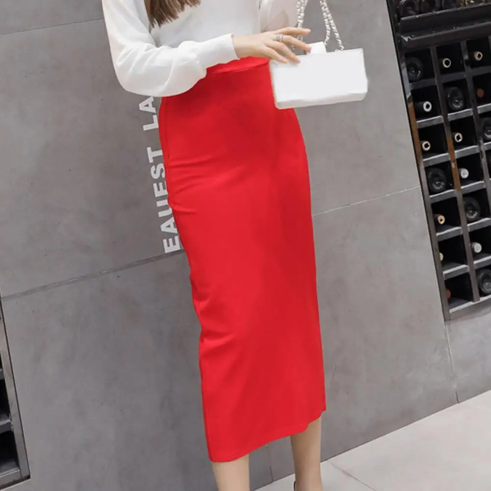 

Women Skirt Stylish Women's High-waist Midi Skirt with Back Slit Design for Office Lady Elegant Solid Color for Curves for Every