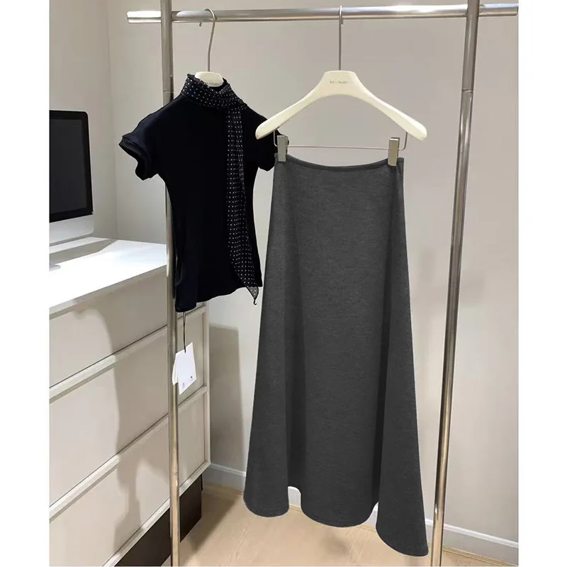 

Серая универсальная повседневная юбка А-силуэта с высокой талией для женщин, летняя новинка, стройнящая, скрывающая бедра, струящаяся, для танцев, длинная