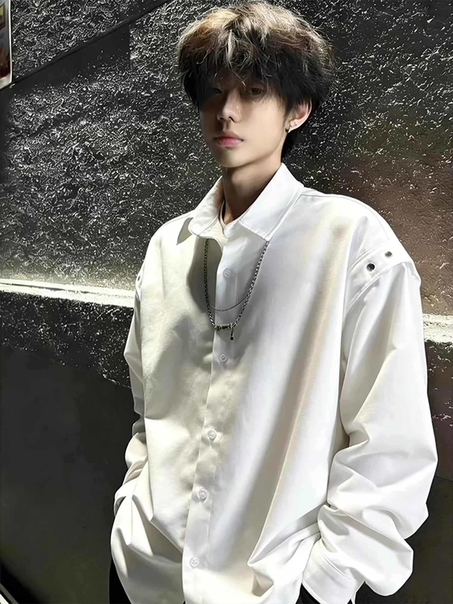 

White Deconstructed Neline Long Sve irt Men's Spring Autumn Cleanfit oulder Outerwear Loose Fit Casual Sle