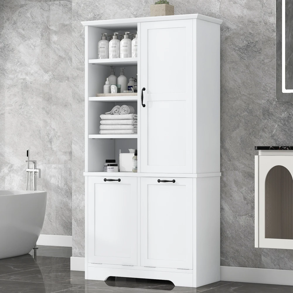 Armoire de rangement avec portes et égouts de proximité, panier à linge inclinable, plusieurs espaces de rangement, meubles de salle de bain, armoire de salle de bain, HOStorage