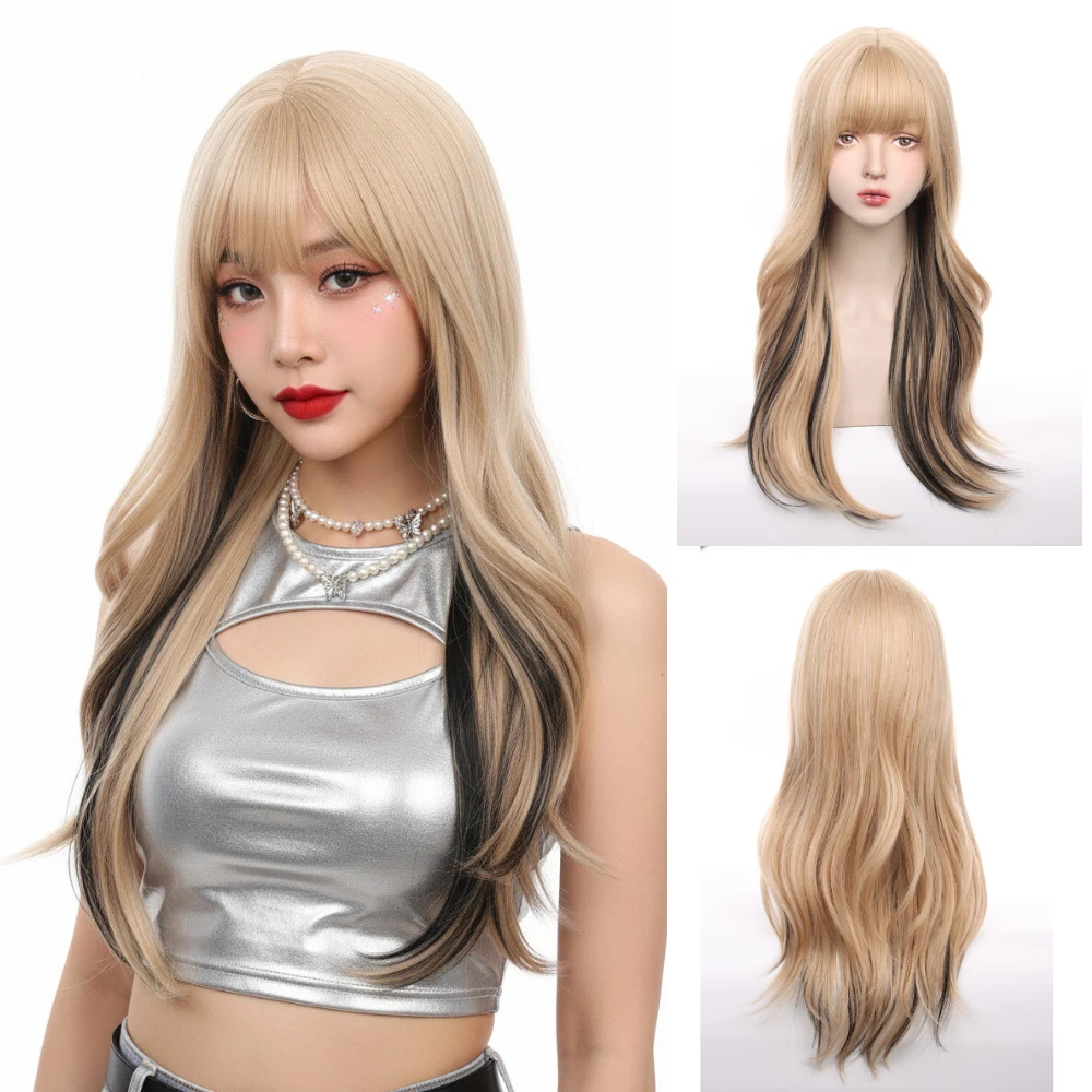 Parrucca Lolita da donna con botto lungo ondulato biondo Ombre nero sintetico resistente al calore per uso quotidiano di feste cosplay