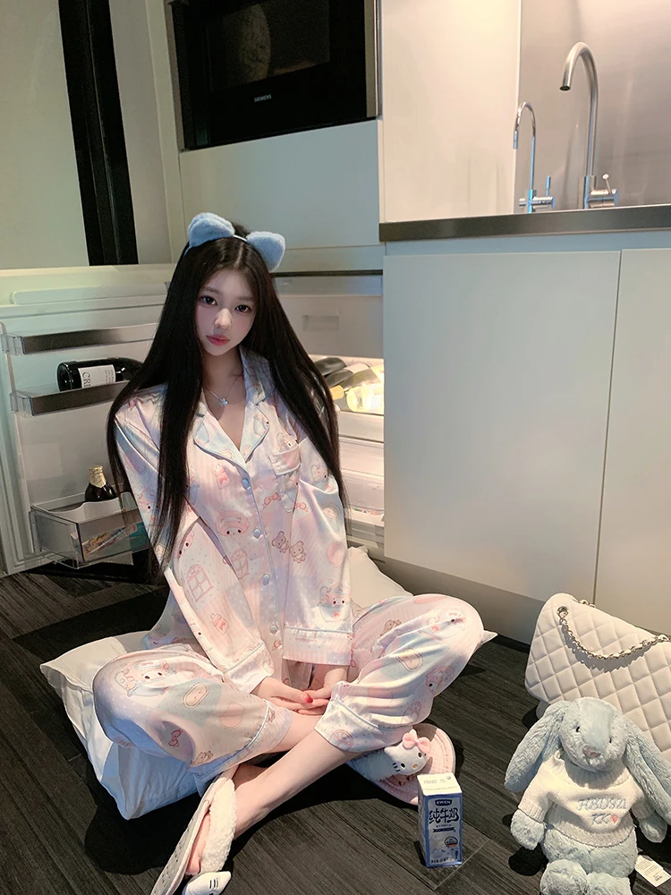Japanese Original Ins Ice Silk Long-sleeved Pajamas 2025 Summer New Cute Girl Cartoon Casual Outdoor Loungewear