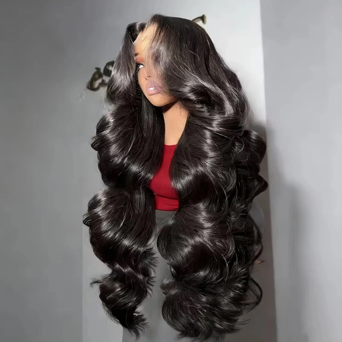 42 Zoll 13x6 HD Lace Front Perücke aus Echthaar, Body Wave, 200% Dichte, vorgezupft, natürlicher Haaransatz, kleberlose Lace Frontal Perücken für schwarze Frauen
