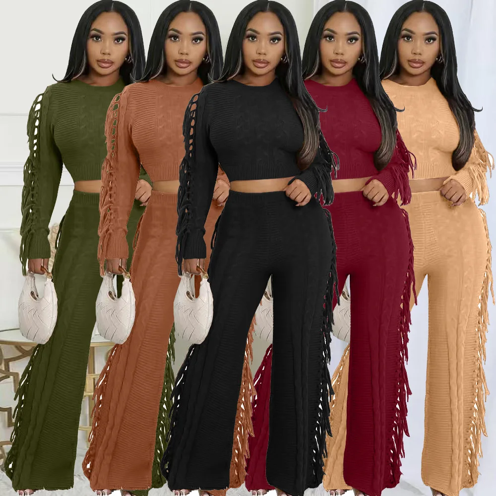 

2025 Autumn Knitted Tops 2 Piece Pant Set Outfits Winter Women Solid Tracksuit Sexy Elegant Crochet Fringe Two Piece Pant Sets