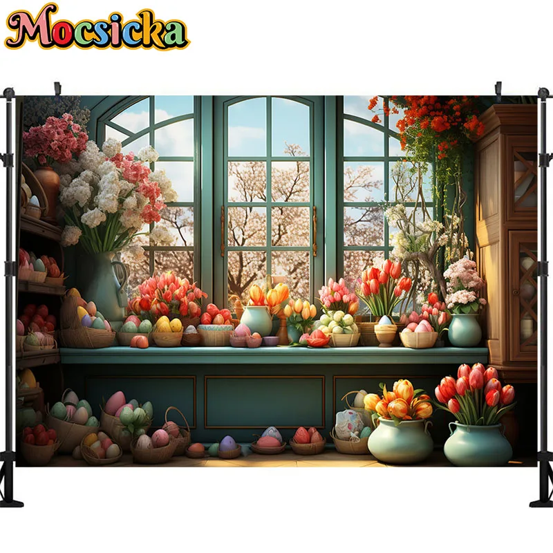 Fondo de fotografía de conejito de Pascua de primavera, huevos, flores de jardín, decoración de retrato de fiesta de cumpleaños para niños, cartel de estudio fotográfico
