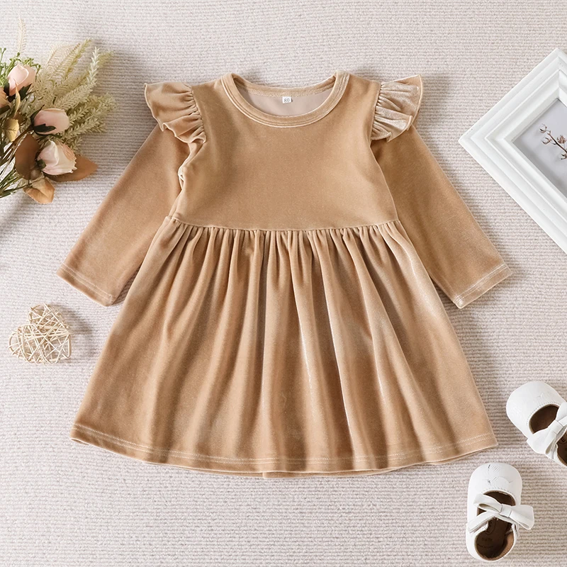 Autumn Solid Color Single-sided  Velvet  Dress for Baby Girls, Soft and Versatile Children\'s Wear, Suitable for Party