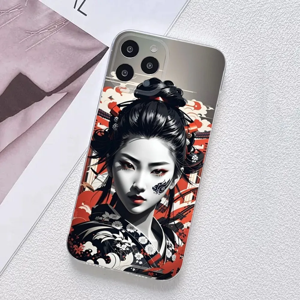 Samurai Warrior Geisha Phone Case For iPhone 11,12,Mini,13,14,15,Pro,XS,Max,X 8,7,6s,Plus,5,SE,XR Transparent Shell