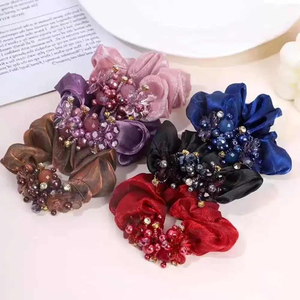 High Elastic Organza Large Intestine Hair Ring Female Starry Pearl Hair Rope Ponytail Braid Headdress Flower  Scrunchies 머리끈