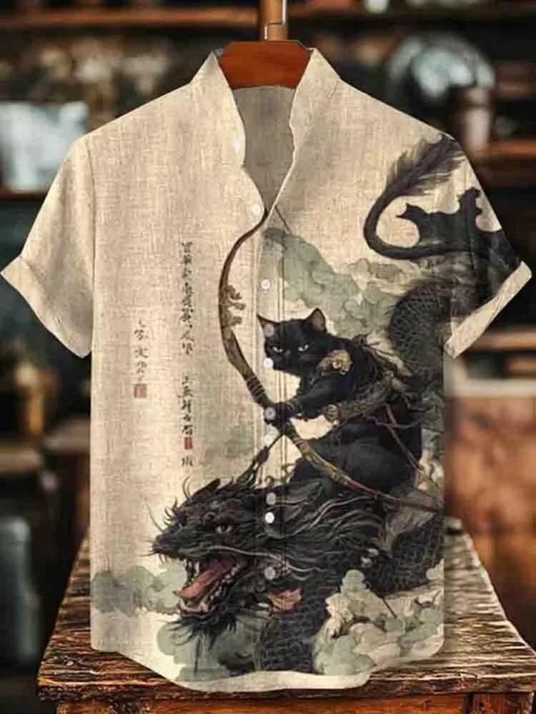 Summer men's shirt short sleeved shirt Chinese style ancient painting black cat warrior riding dragon printed shirt loose top