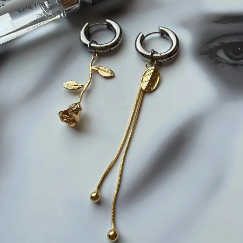 Rose Flowers Earrings Female Simple Design Personality Asymmetrical Drop Earrings Punk Jewelry product photo