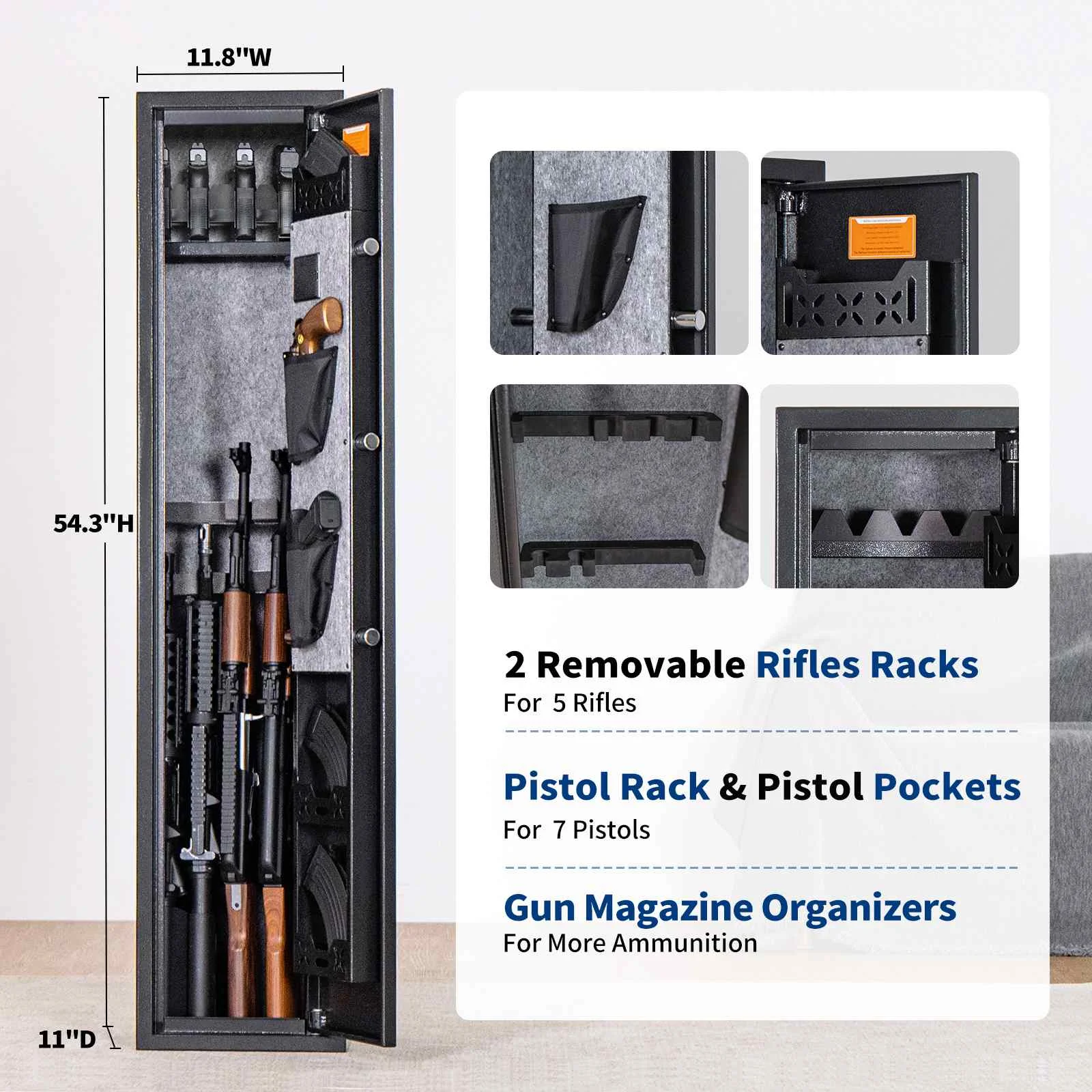 BlackSmith Pro-SF0104 Biometric Alloy Steel Rifles Safe Rifles Pistols Quick Access Fingerprint Gun Cabinet Dual Alarm 54x11x11