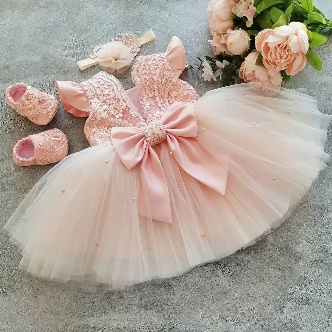 Baby Girls Dress for Wedding Party 1st Birthday Pink Princess Dress Kid Bridesmaids 1-5Y Cute Infant Girls Vestidos Elegant Gown