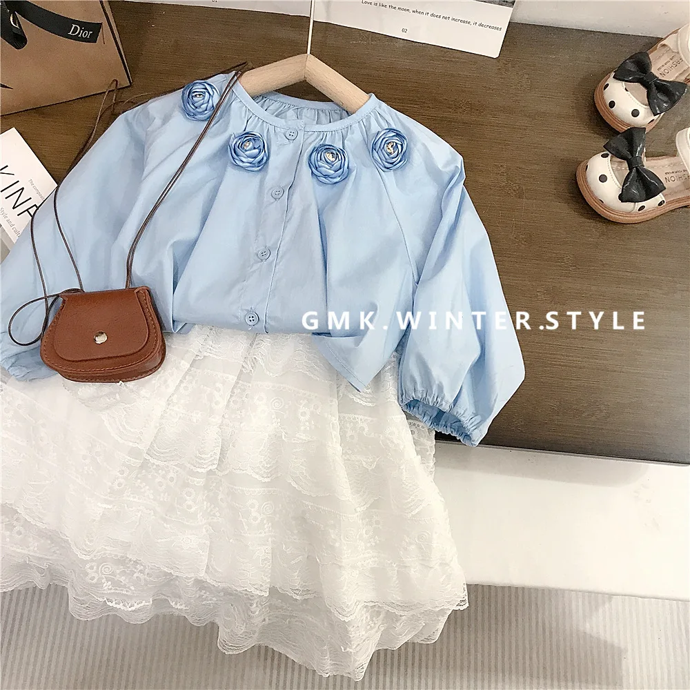 

Korean Autumn Children Girl 2PCS Clothes Set Cotton Floral Kids Girl Blue Shirts Suit Solid Lace Cake Skirt Toddler Girls Outfit