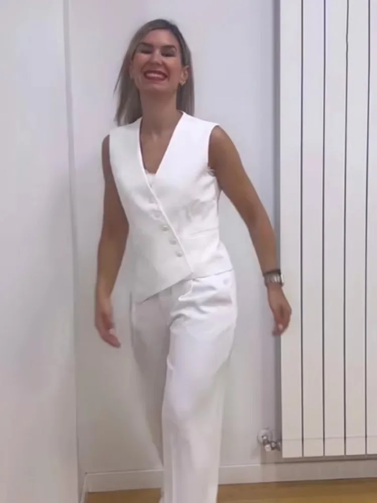 

HH Women Slim V-Neck Single-Breasted Pocket Decoration Solid Vest Top+Fashion Casual High Waist Zipper Trousers 2-Piece Set