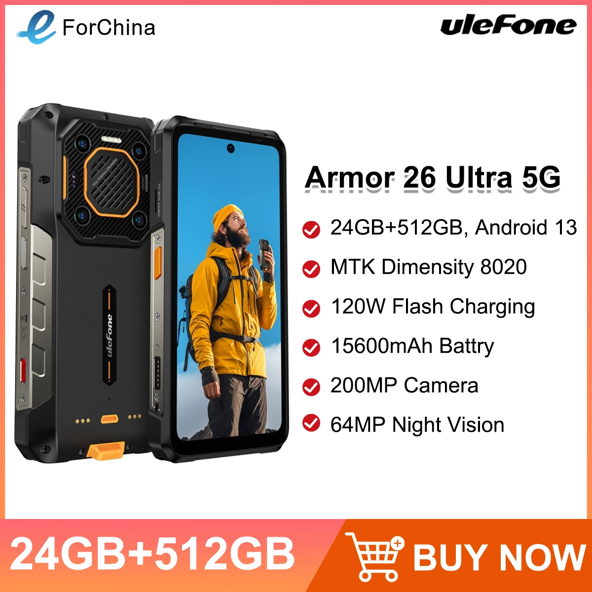 Ulefone Armor 26 Ultra 5G Rugged Smartphone Waterproof 6.78 inch 120W 15600mAh 200MP Camera 64MP Night Vision Android 13 NFC