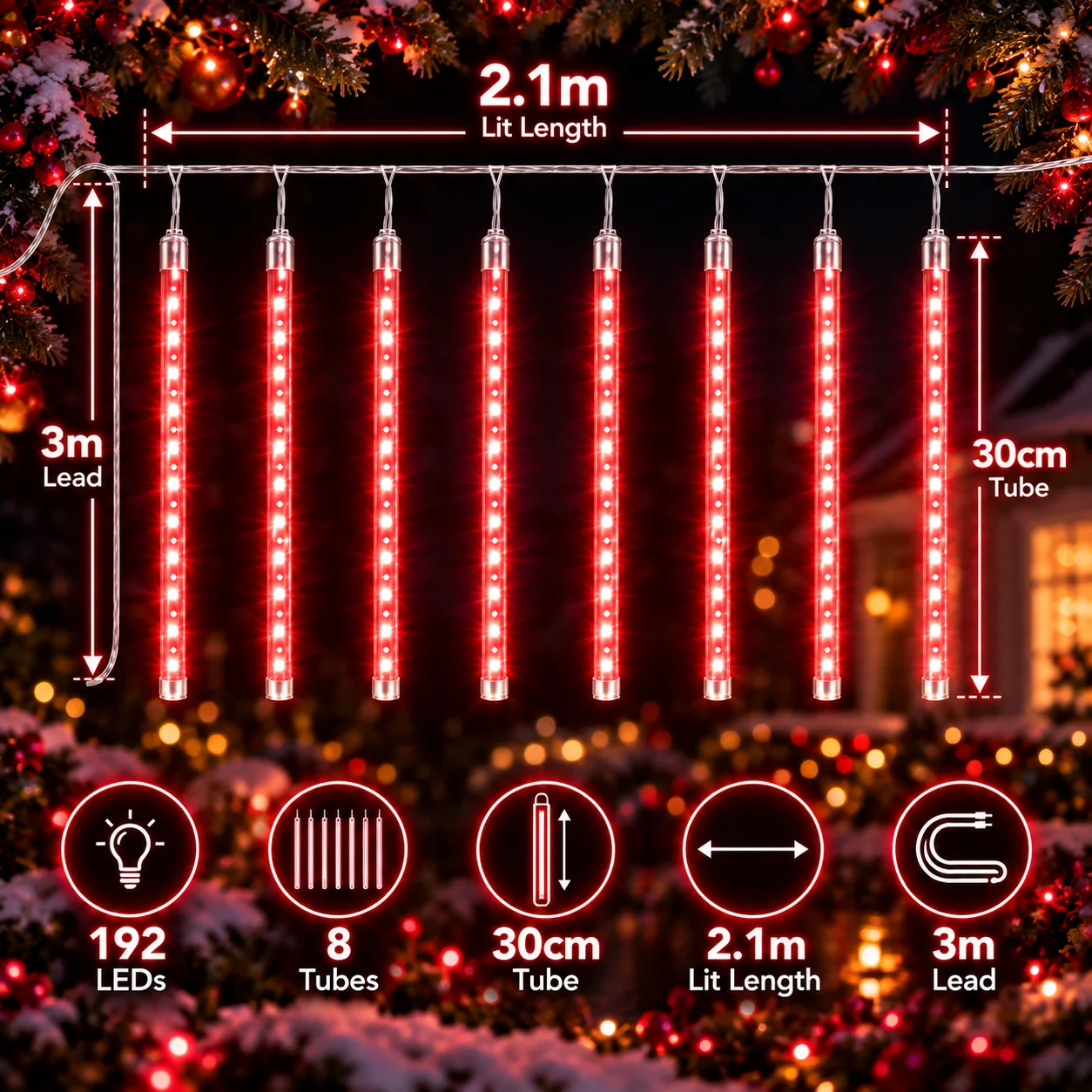 Christmas Lights USB Red Meteor Shower Falling Rain Icicle LED Tube Fairy String Lights for Roof Eaves Window Tree Party Decor