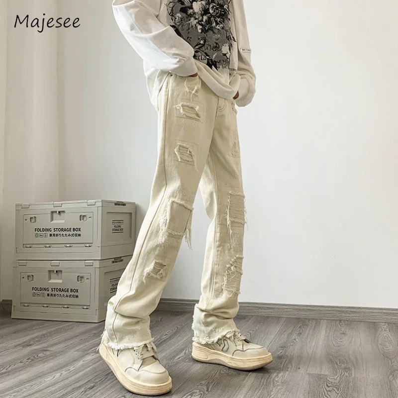 Mens Jeans Slim Solid Streetwear Simple American Style Hole Patches Raw Edge Spring Autumn Denim Trousers Teenagers All-match