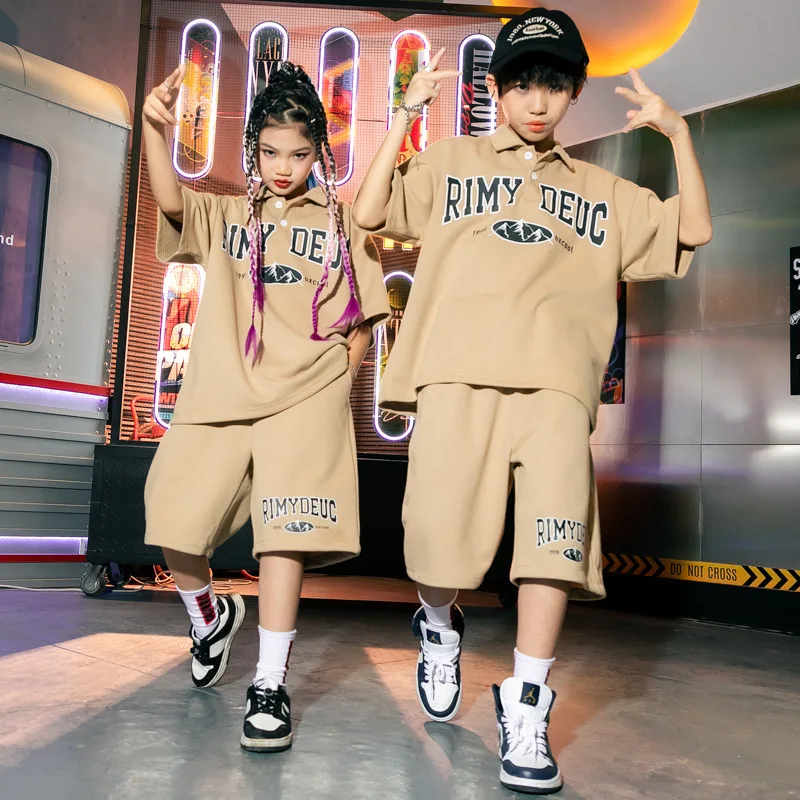 Kids Hip-hop Dance Costume Girls Summer Lapel Print Pollo Shirt Elastic Waist Loose Shorts 2pcs Streetwear Casual Boys Clothings