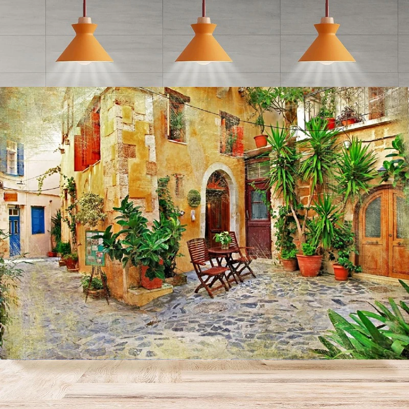 Europe Town Street Photography Background Old Houses Stone Wall Windows Wooden Door Cobblestone Street Home Party Backdrop Wall