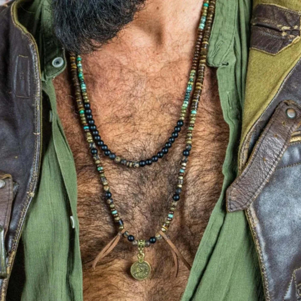 

New Vintage Metal Pendant Handmade Natural Beads Necklace 2 Pcs/set Multilayer Necklace for Men Charm Ethnic Jewelry Gift