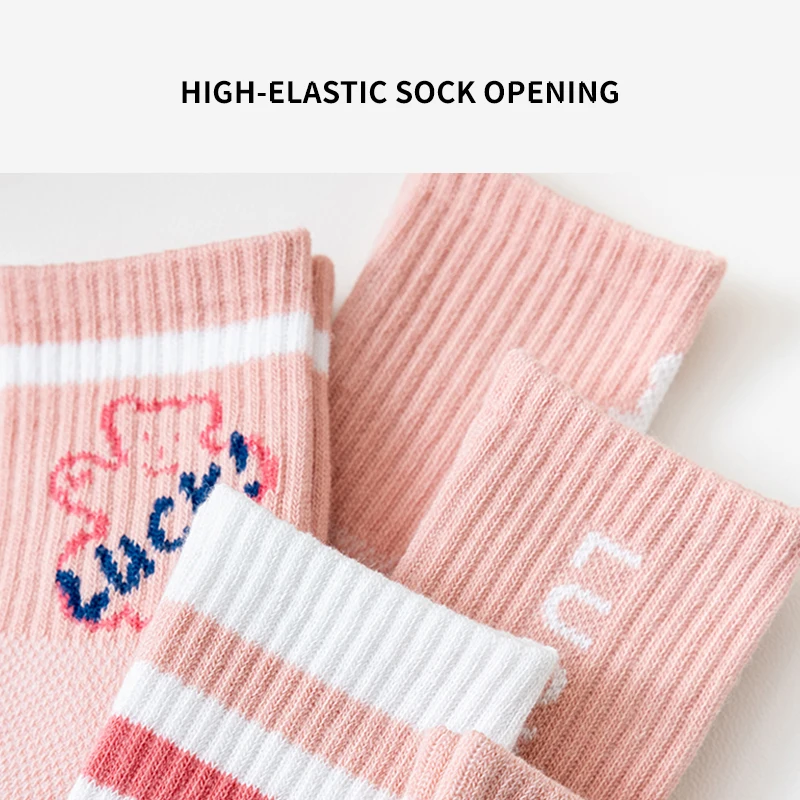 5 أزواج من الجوارب القطنية الصلبة العصرية للأطفال البنات نصف الجوارب الدب الوردي المريحة عالية المرونة جوارب الأميرة للفتيات الصغيرات