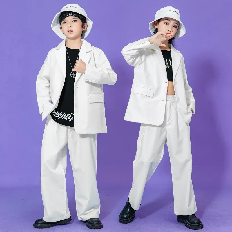 

Street Dance Costume Girls Hip Hop Outfit Boy Popping White Suit Dancer Team Stage Outfit Children Clothing Jazz Streetwear