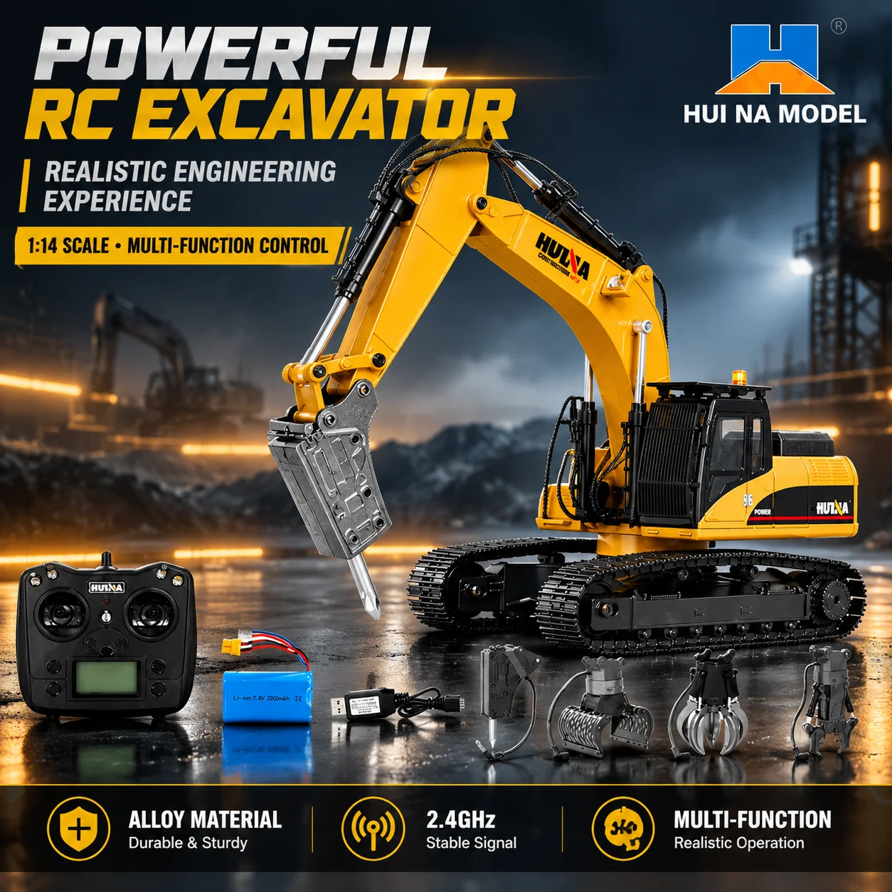 Full Alloy RC Excavator Toy Simulation Demolition Machine with Log Grabber Remote Control Construction Vehicle for Kids Boy Gift