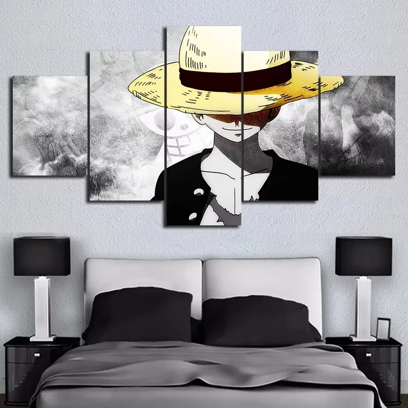 5 Piece HD Wall Art Anime Poster Picture One Piece Monkey D. Luffy Poster Wall Painting for Home Decor Canvas Painting Gift