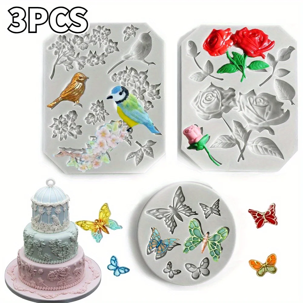 Moldes de silicona 3D con forma de pájaro y Flor de árbol, herramientas de decoración de Fondant para pasteles, dulces de Chocolate, accesorios para hornear DIY, 3 unids/set