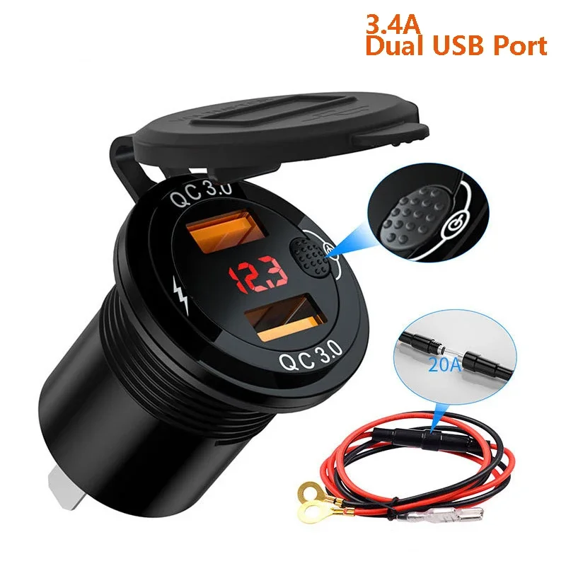 Car Dual USB Charger QC3.0 Car Charger LCD Display Voltage Aluminum Alloy 3.4A Super Fast Charging Mechanical Switch