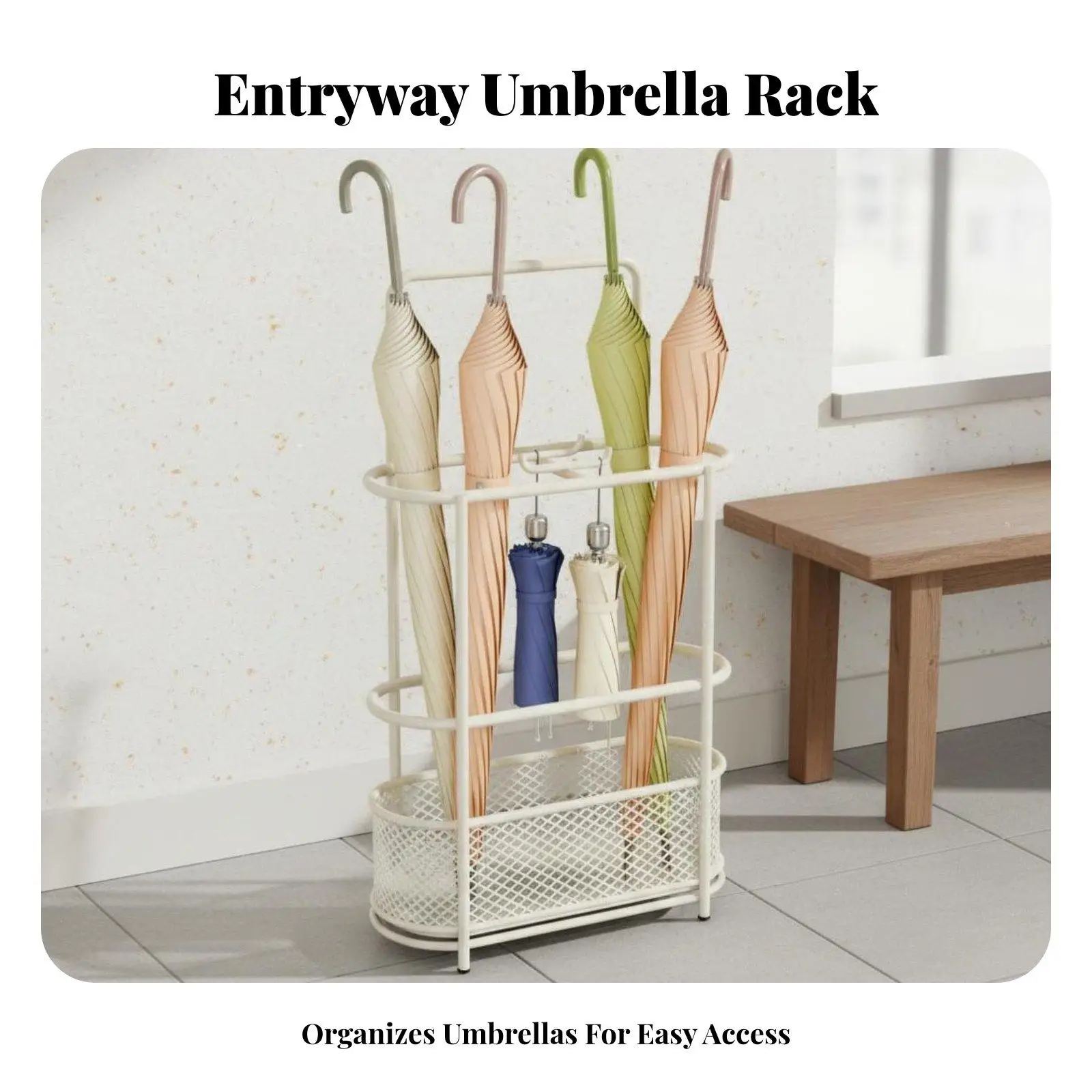 Rustic Industrial Holder Umbrella Basket with Hooks for Entryway Hallway Durable Iron Frame with Anti Rust Paint and Removable