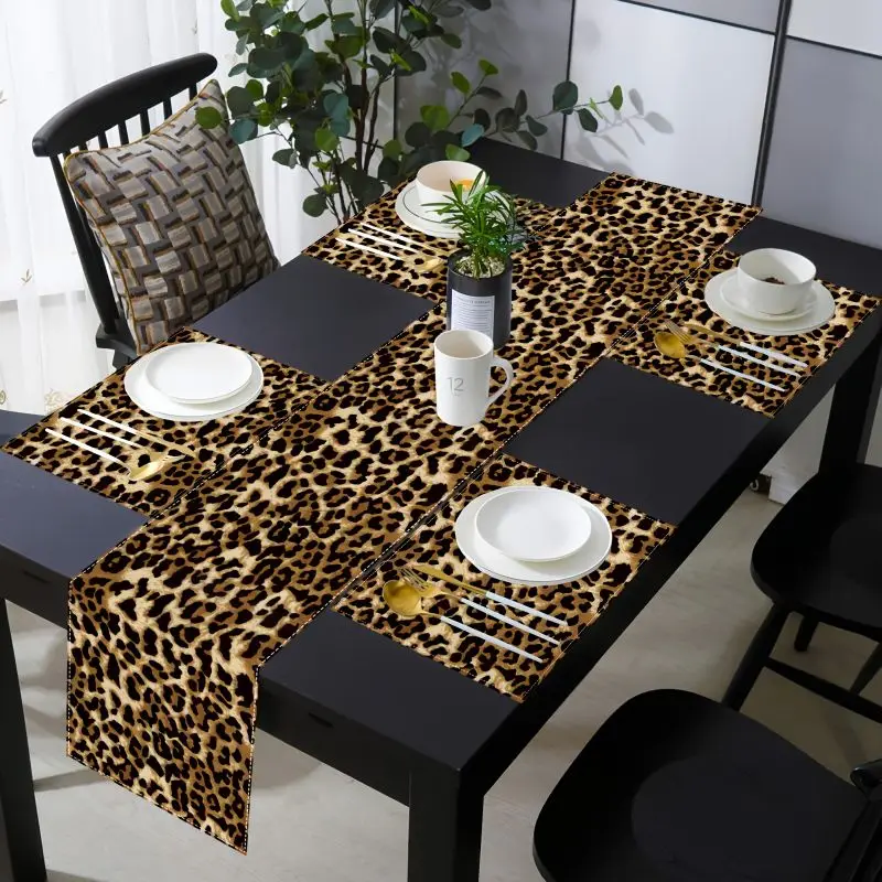VIKAMA Light Luxury Leopard Pattern Table Runner Placemats Set Waterproof Anti Slip Kitchen Dining Table Mat