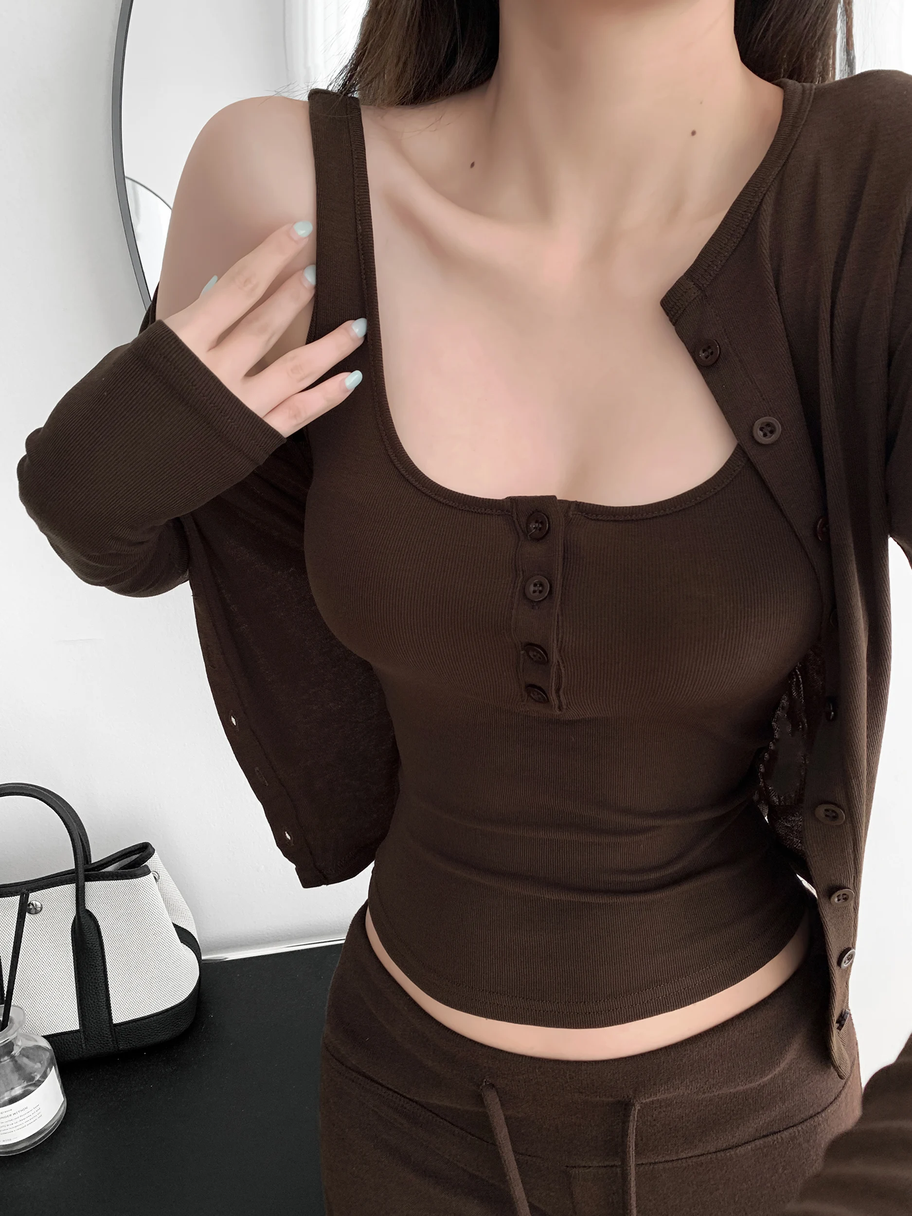 Sweet Loose Feel Short Sleeveless Top Outer Long Sleeve Open Cardigan Two Piece Set Spring Autumn Women's Fashion Slim Fit Set