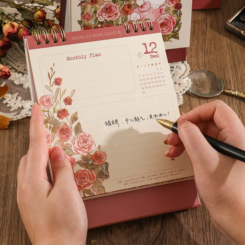 Nuovo calendario Manor rosa di Adele calendario da tavolo per coniglio e Rose dei cartoni animati da 2024 anni pianificatore giornaliero mensile