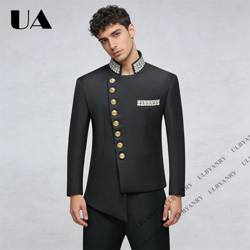 Two-Piece Crystals Mens Formal Suit for Wedding, Gala Events, Customized Colos Prom Suit Attire Stand Collar Jacket Pants