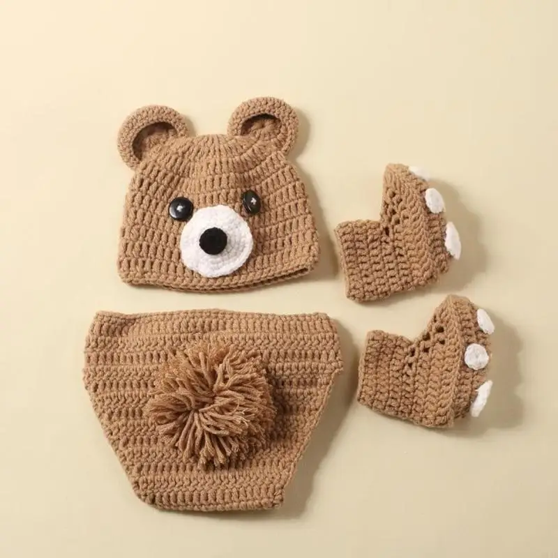  Adorable Cartoon Bear Hat and Matching Pants & Knitting Shoes Set Perfect Photography Attire for Newborns Photoshoots