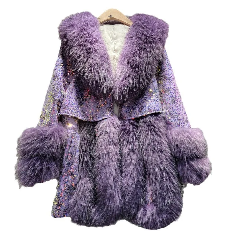 European Fashion Fur Lapel Imitation Fox Hair Sequins Jacket Women\'s Winter Clothing New Temperament Purple Overcoat Coats