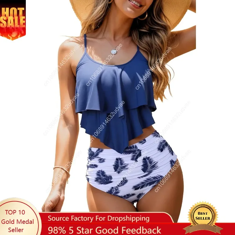 Womens Tankini Swimsuits Ruffled Tank Top Tummy Control Floral Modest Swimwear High Waisted Bikini