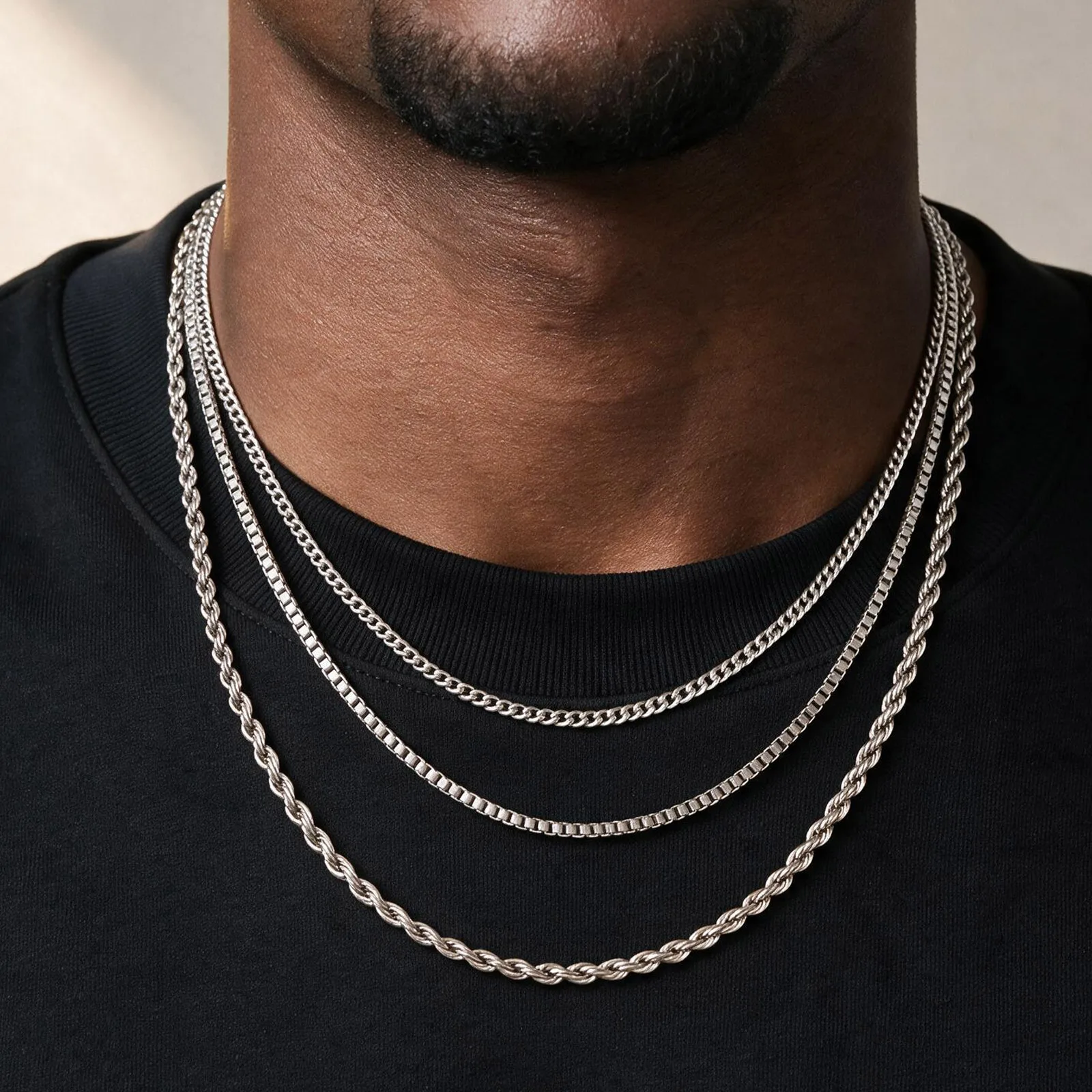 2mm Casual Edelstahl Kubanische Kette Halskette für Männer, Hip-Hop Punk Silberfarbene Metallkette Mehrlagige Gliederketten Schmuck