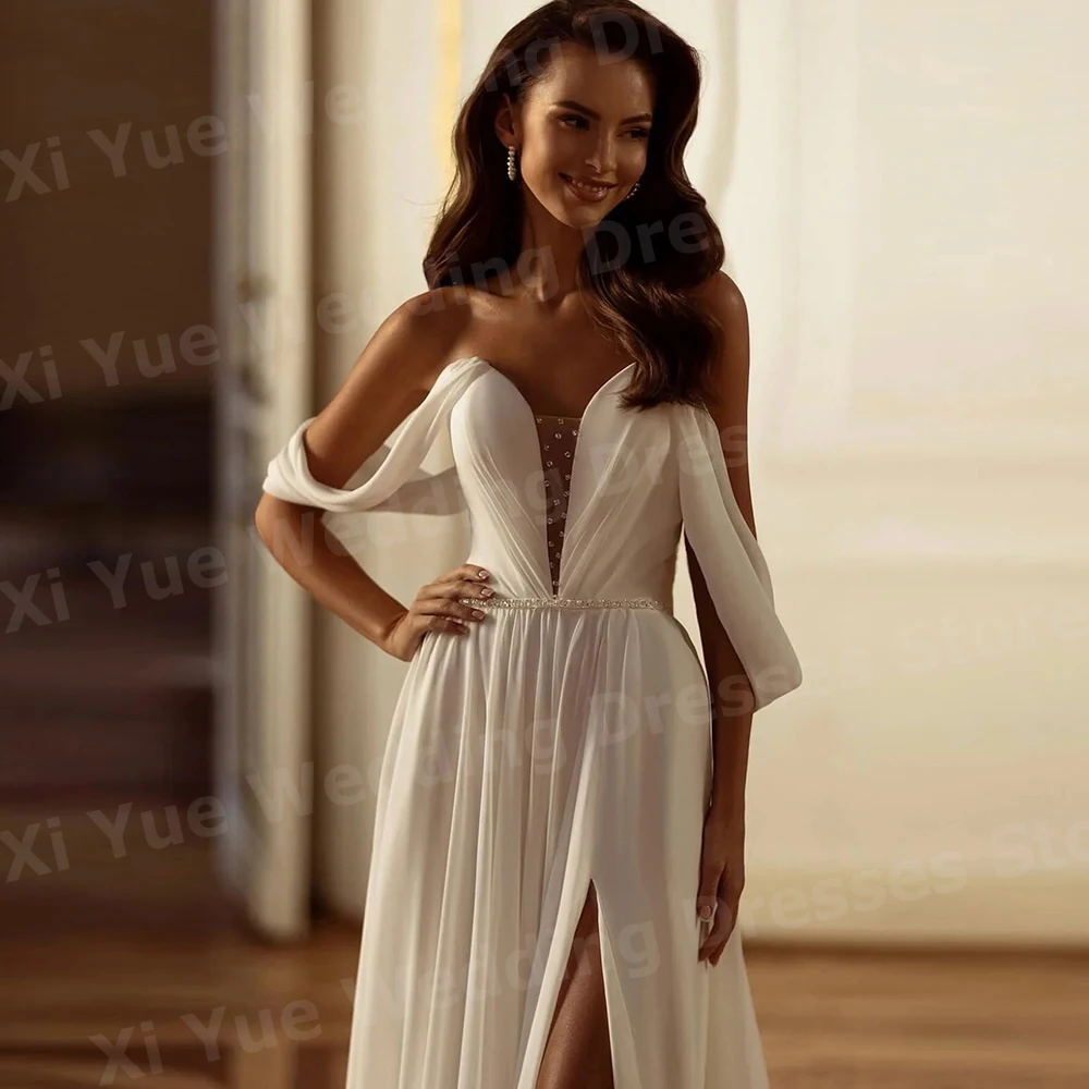 Eenvoudige A-lijn trouwjurken voor dames uit de schouder mouwloos vestido de novia bruidjurken op maat sexy zijsplit vestido