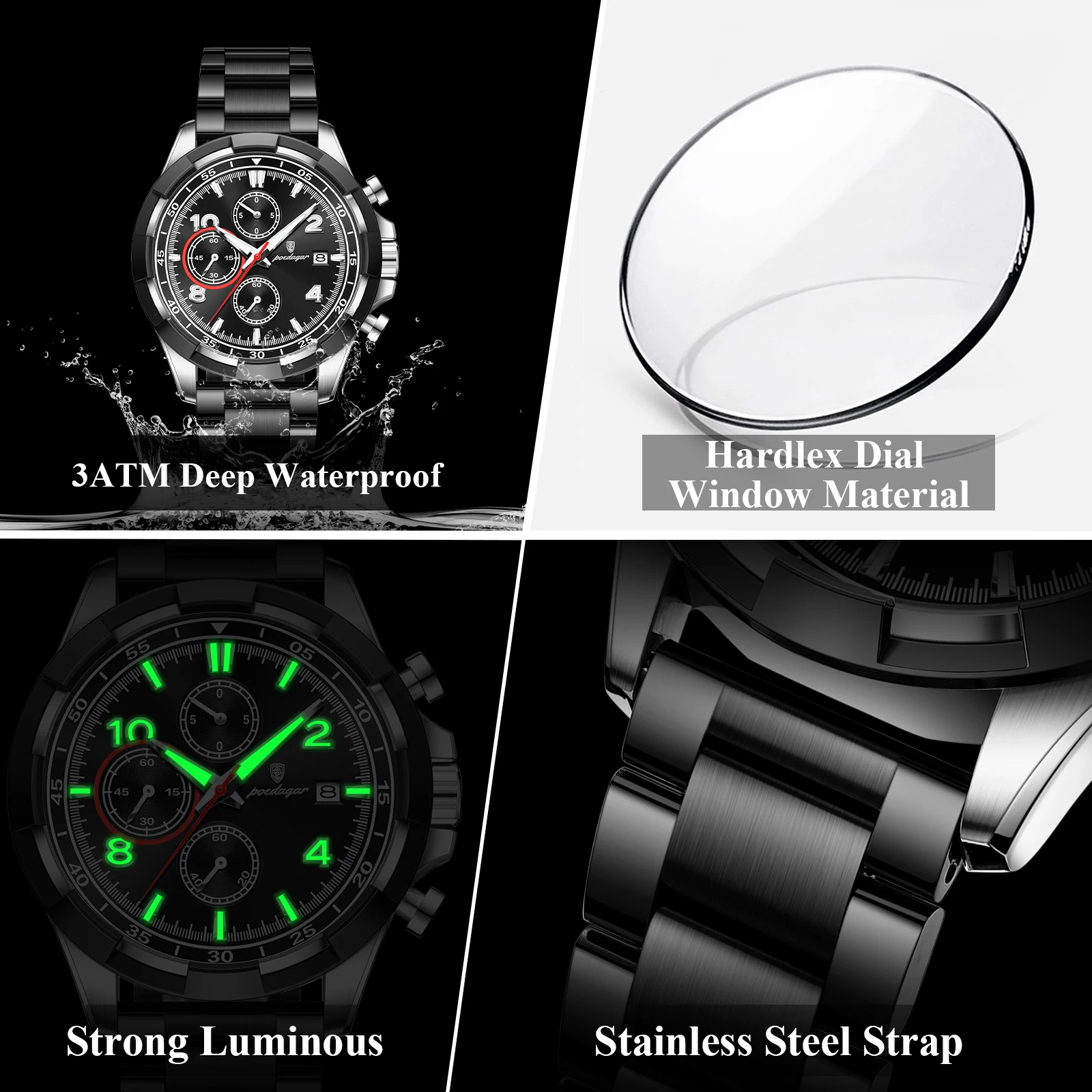 Jam Tangan Pria POEDAGAR Original Terbaik, Tahan Air, Bercahaya, Kronograf, Jam Tangan Militer, Baja Anti Karat, Jam Kuarsa Pria