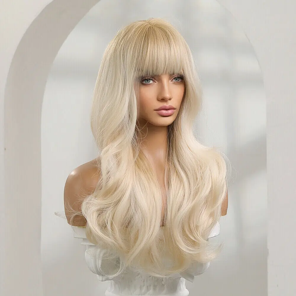 Light Blond Wig tanpa kabel Wanita, Wig rambut manusia 100% alami bergelombang Bang 24 inci