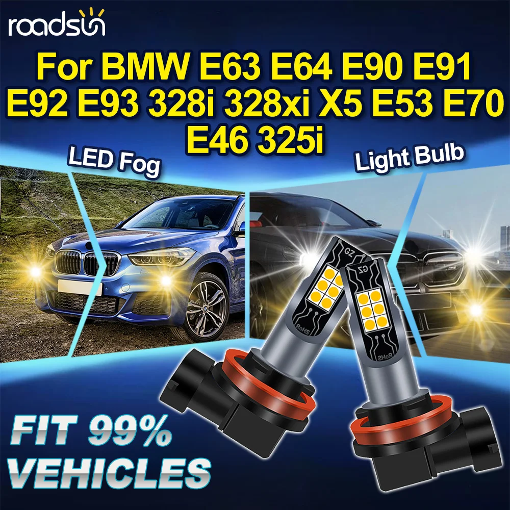 ROADSUN H8 H9 H11 Für BMW E63 E64 E90 E91 E92 E93 328i 328xi X5 E53 E70 E46 325i 2 Stück 3000K Gelb Canbus Auto LED Nebelscheinwerfer Glühbirne