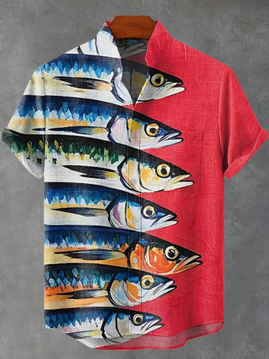 

Vintage Linen 80% Men's Shirt Cool Comfortable Short Sleeve Fashion Art Pattern Fish Print Button Top Summer