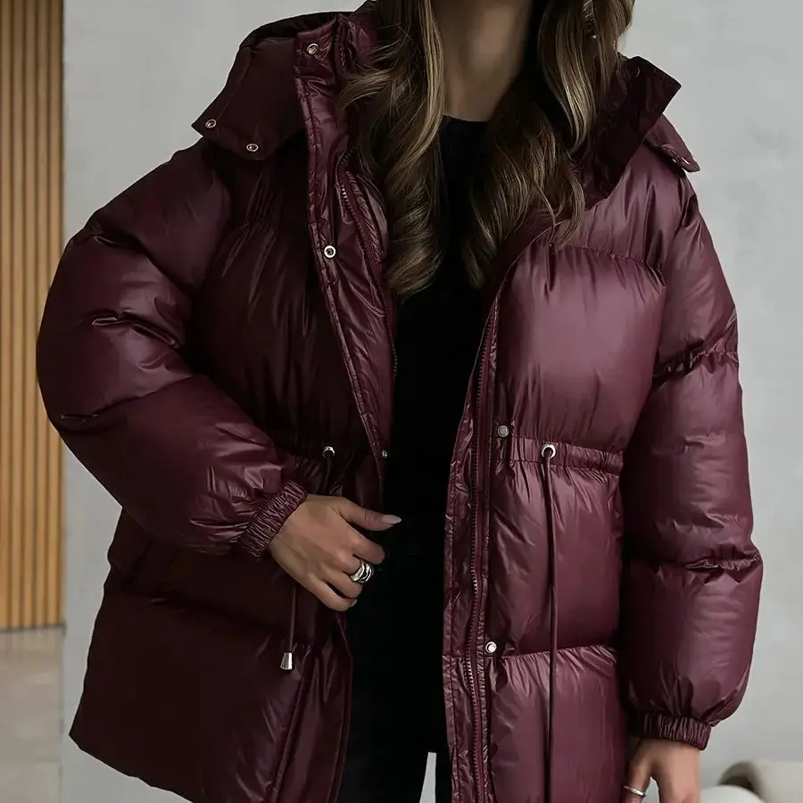 Women's Hooded Down Jacket Drawstring Waist Warm Parker Coat Solid Pocket Zipper Outwear 2025 Winter Thicken Long Sleeves Coats