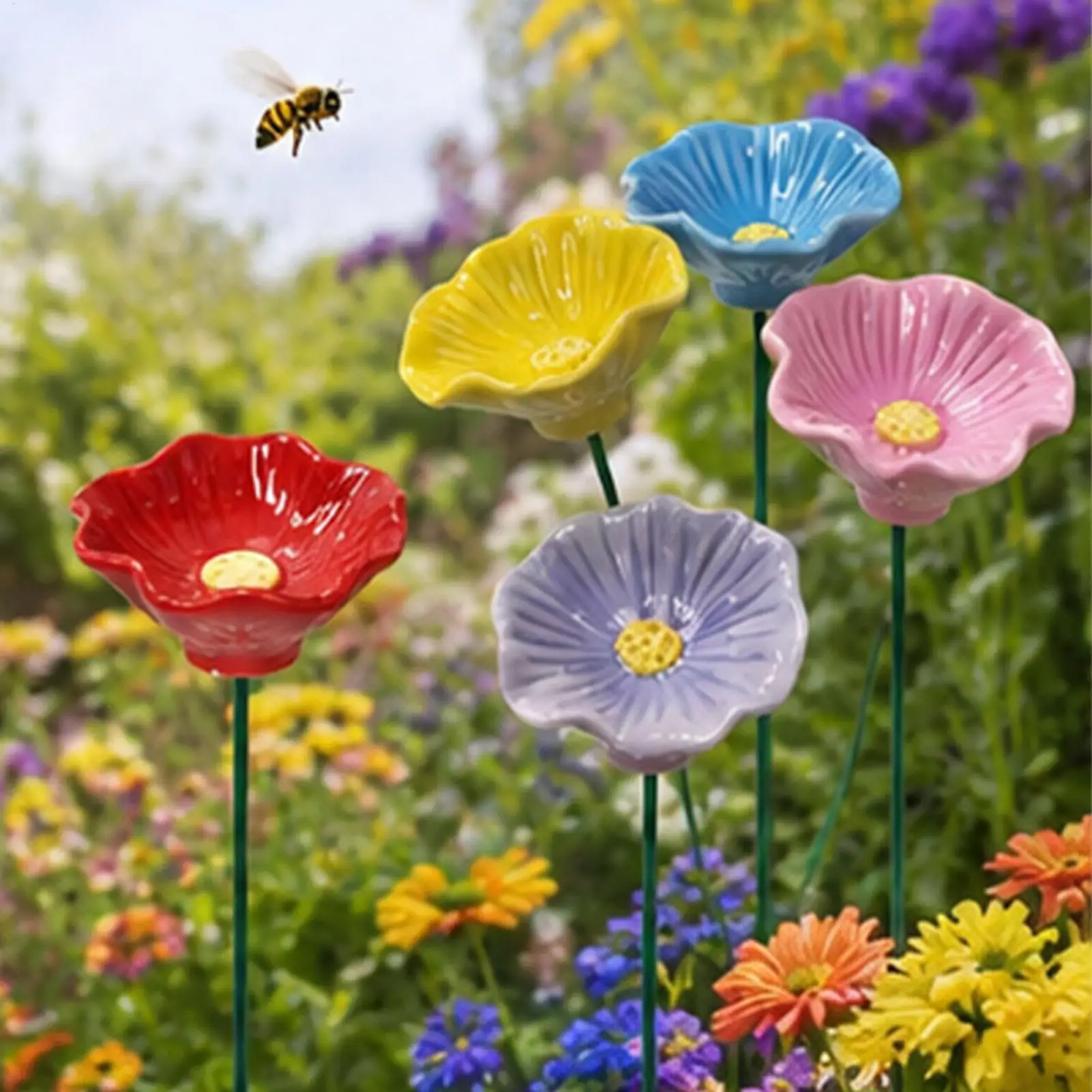 6 Pieces Bee Watering Station Flower Pollinator Drinking Rain Catcher Bird Bath for Gardeners Homeowners Patio Lawn Backyard