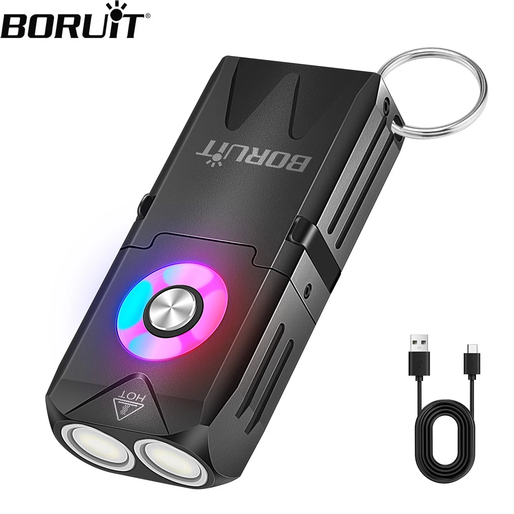 BORUiT EV25 EDC Keychain Flashlight 650LM RGB Light Type-C Rechargeable Mini Torch Magnetic Work Light Camping Pocket Lantern