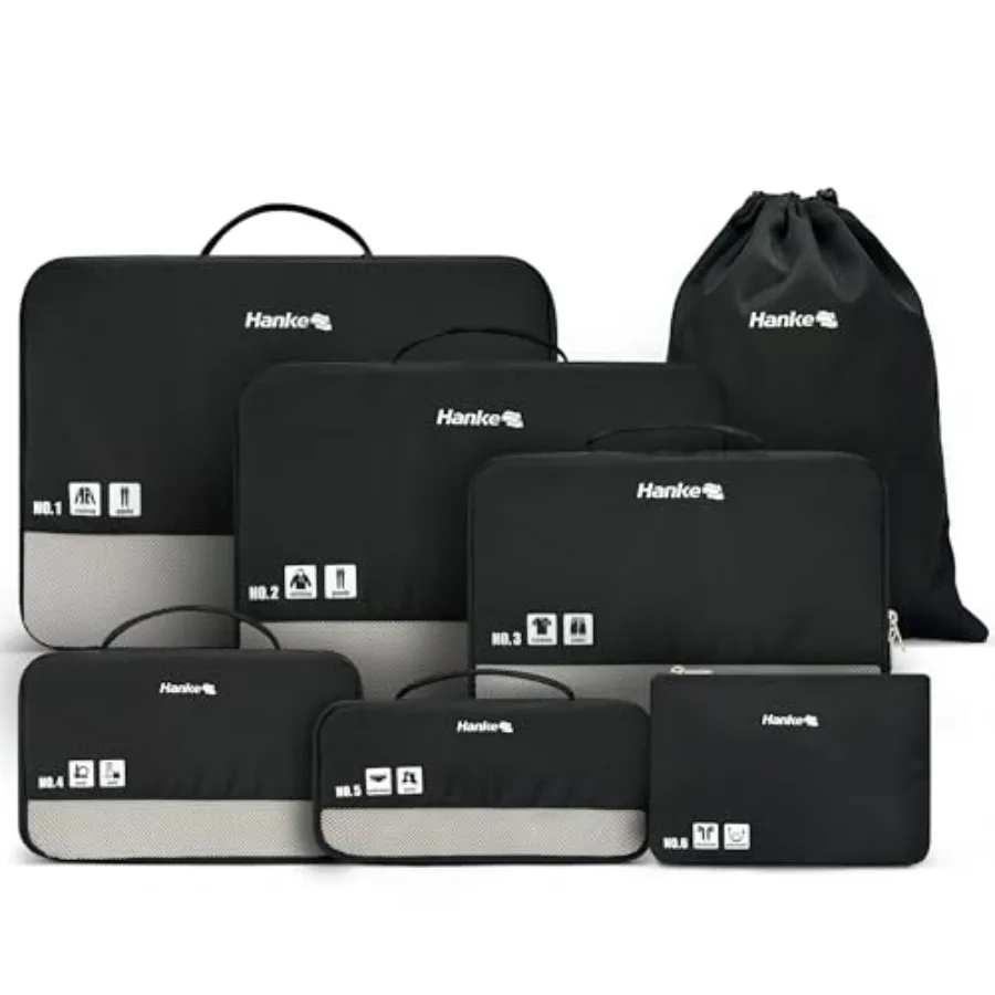 

Travel packing cubes set: 7 pcs expandable compression organizers for suitcases and carry-ons, breathable mesh label, nylon fab