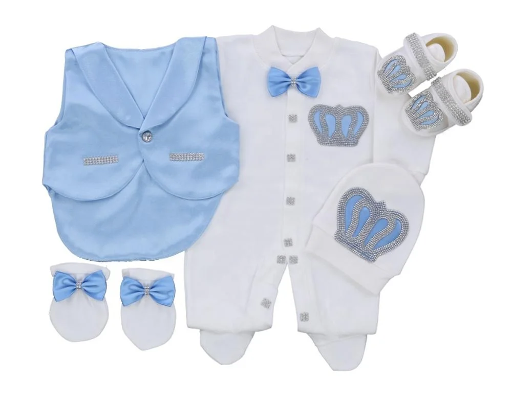 Dollbling 5 Pcs Blue Vest Baby Romper Set Fabric Knitted Wholesale Custom Newborn New Design High Quality Modern